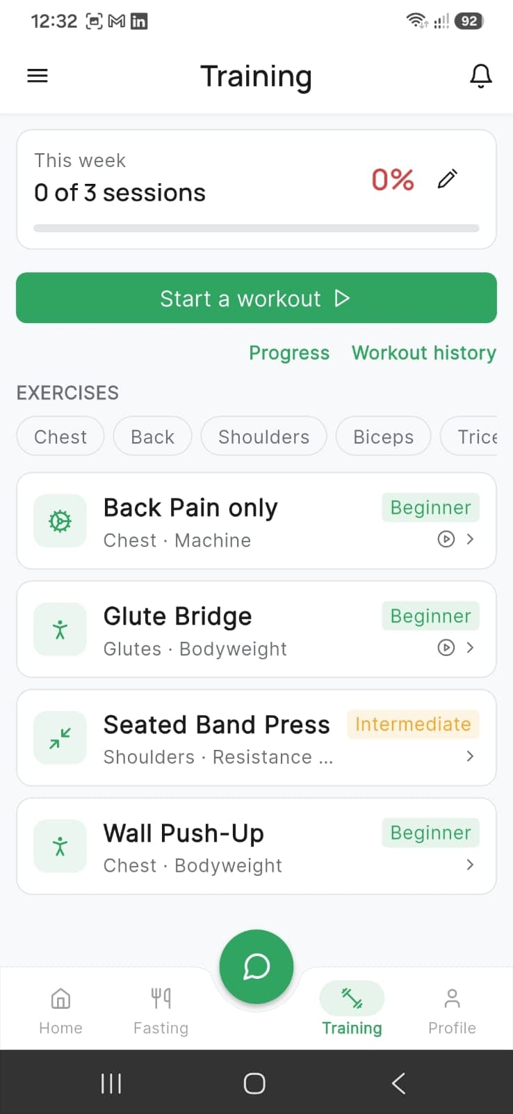 DiaRehab Training Exercises Screen